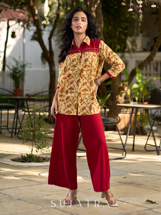 Artisan Jaipuri Printed Floral Cotton Shirt with Contrast Yoke and Soft Gathers