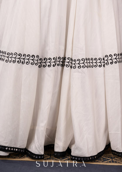 Elegant White Silk Lehenga In Black Embroidery With Matching Blouse & Dupatta
