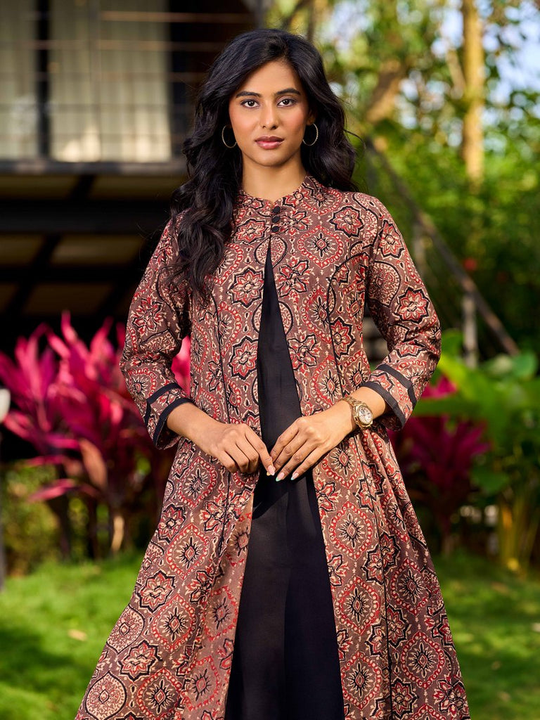 Graceful Black Rayon A-Line Dress with Handcrafted Ajrakh Attached Jacket and Mandarin Collar