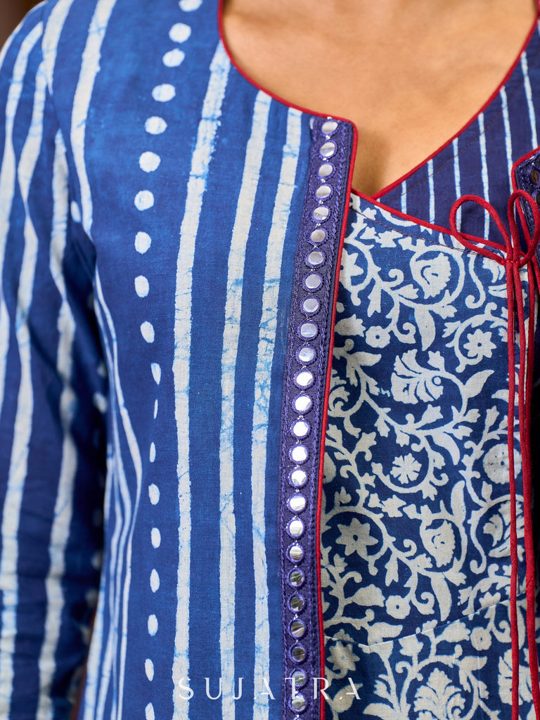 Graceful Indigo Cotton Jacket with Geometric Prints with Maroon Piping and Contrast Floral Cuffs