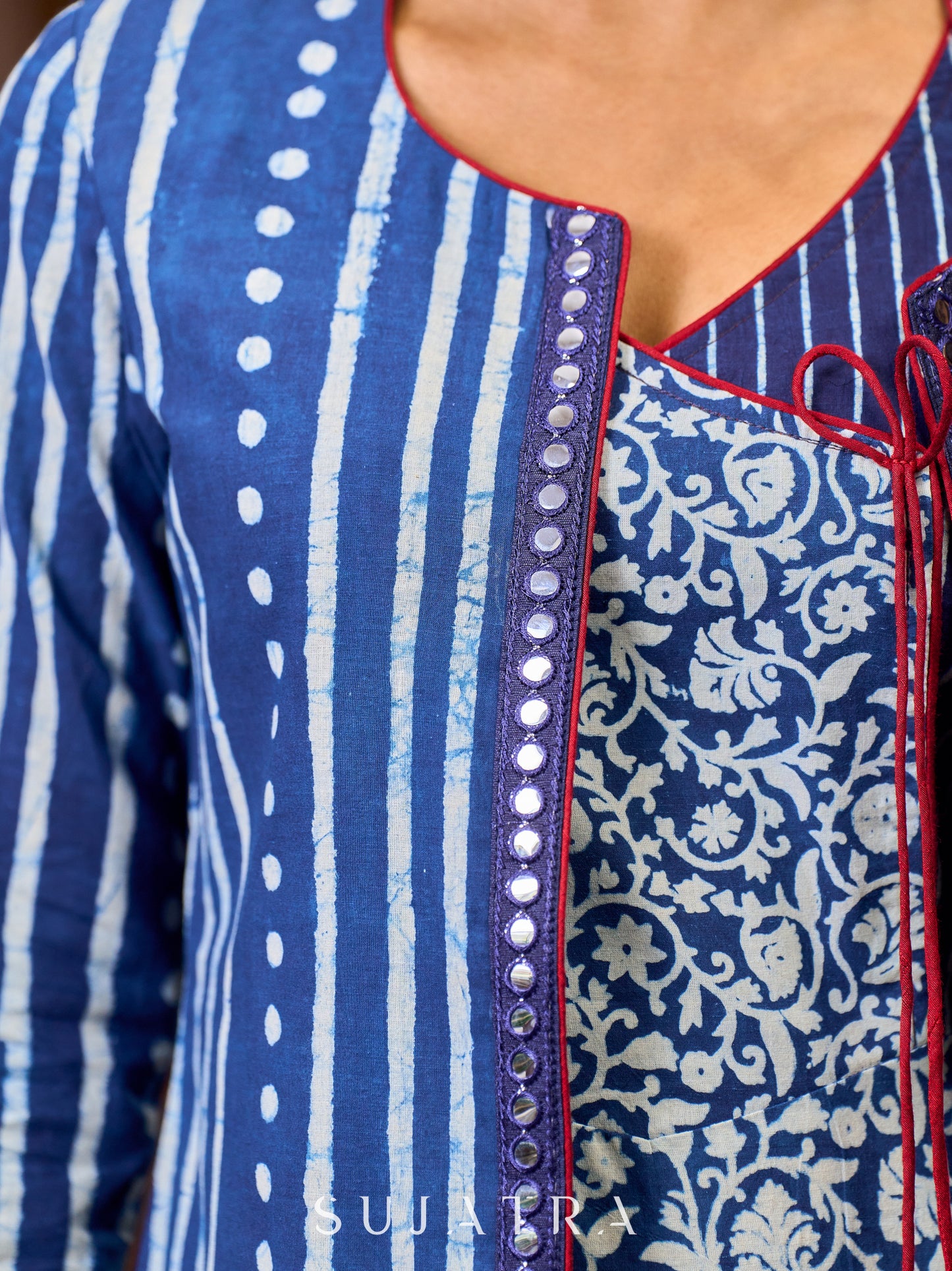 Stylish Indigo Cotton Jacket With Floral Cuffs, Maroon Highlights And Mirror Lace Detailing - Indigo dress optional
