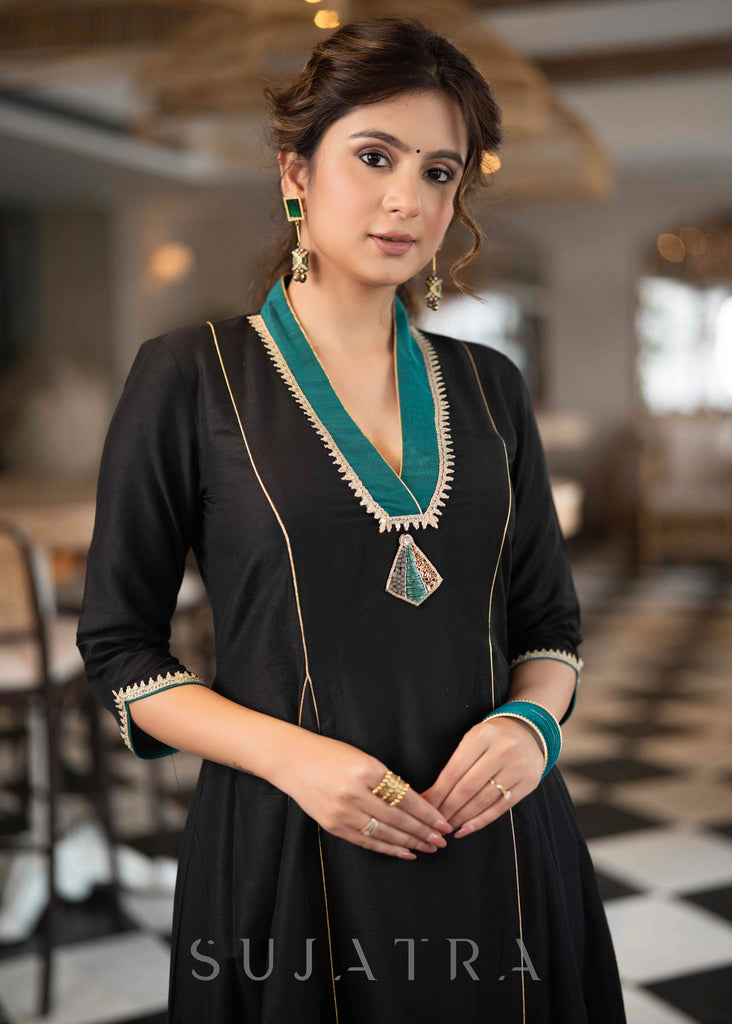 Beautiful Black Cotton Silk pant & A Line Kurta With Turquoise Detailing & Brooch  - Dupatta Optional
