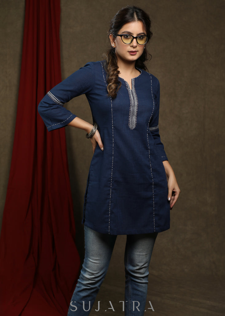 Exclusive navy blue cotton tunic highlighted with beautiful borders