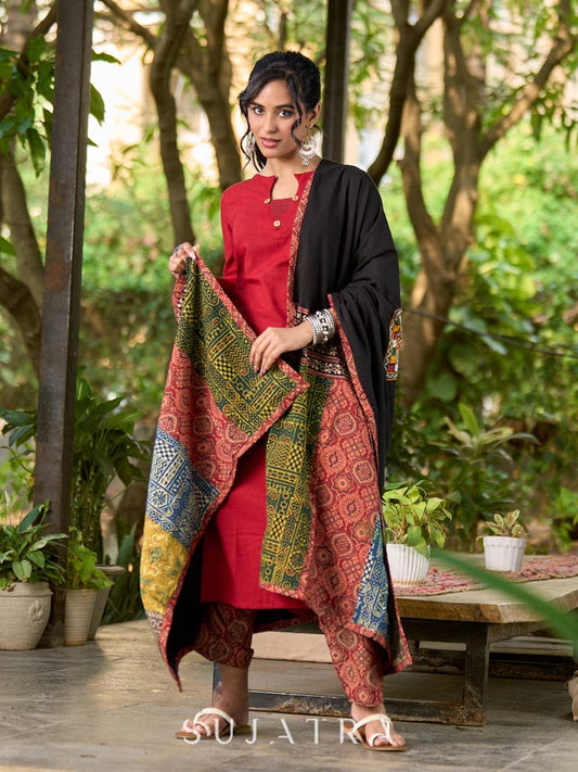 Contemporary Black Cotton Dupatta with Ajrakh Patchwork Pallu & Kutch Hand Embroidered Mirror Work