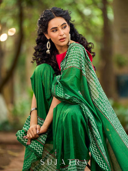 Refined Green Cotton Saree with Hand Block Printed Slogan Border & Contrasting Pink Accents