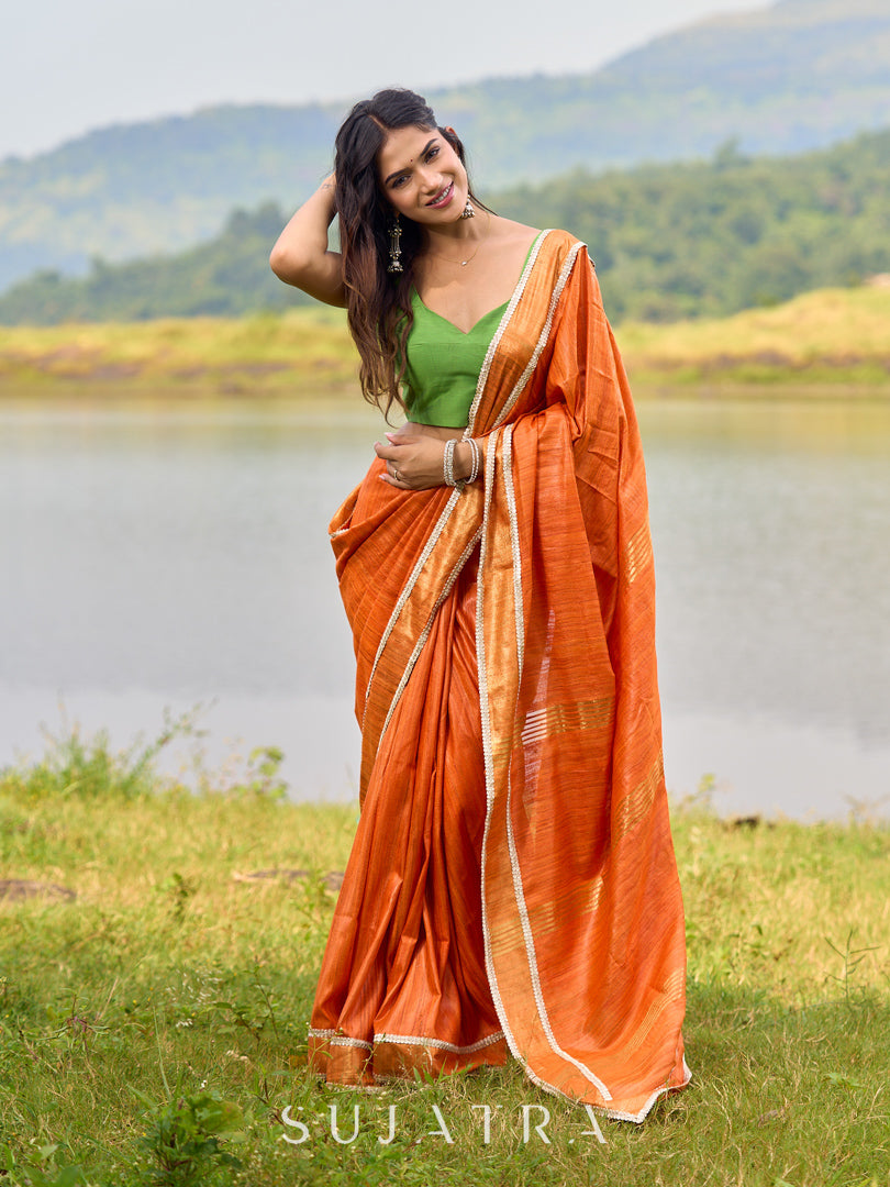 Refined Orange Ghicha Silk Saree with Golden Zari Border