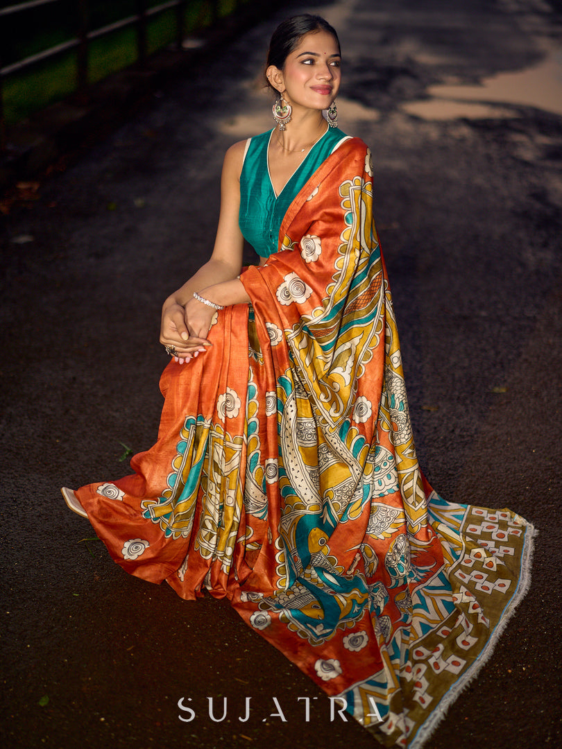 Rust Orange Tussar Silk Kalamkari Print Saree with Mythical Bird Motifs