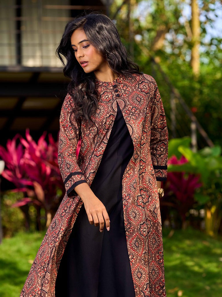 Graceful Black Rayon A-Line Dress with Handcrafted Ajrakh Attached Jacket and Mandarin Collar