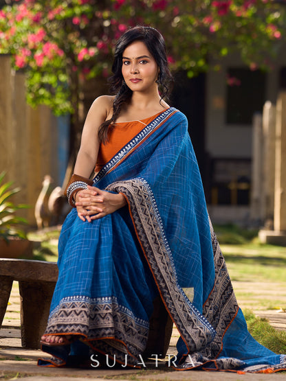 Classy Blue Saree with Kalamari Border & Contrasting Rust Accents