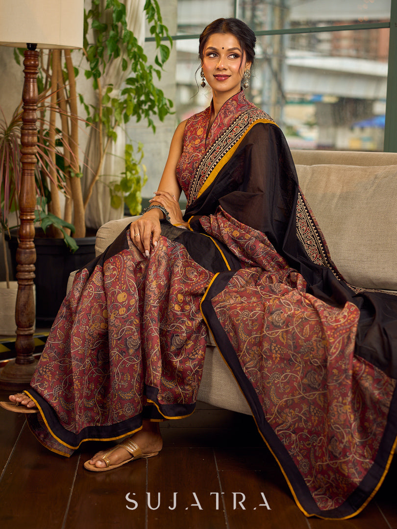Regal Rust-Brown Chanderi Kalamkari Floral Chanderi Saree with Contrast Black Pallu