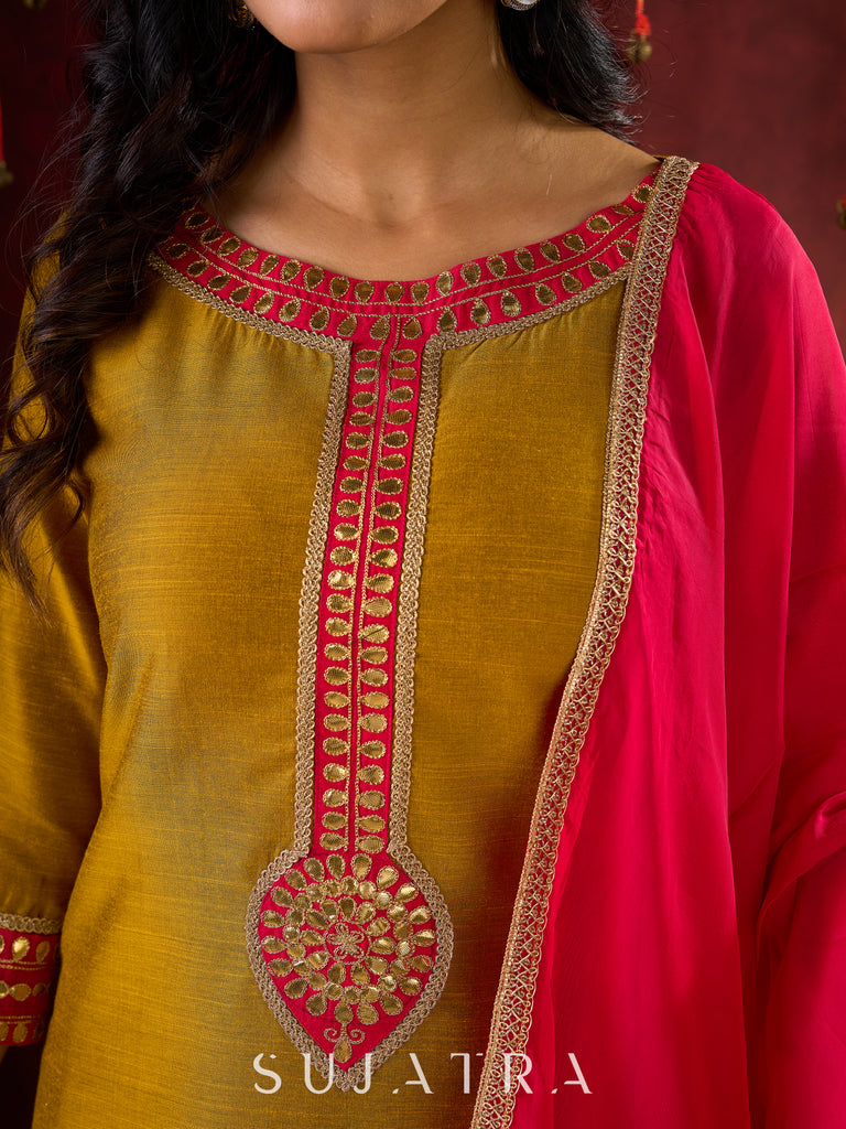 Vibrant Mustard Cotton-Silk Kurta with Pink Highlights & Subtle Gota Patti Work