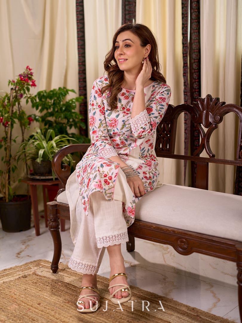 Soft White Mul Cotton Floral Hand Block Print Overlapping Straight Kurta with Pleated Scallop Lace Sleeve
