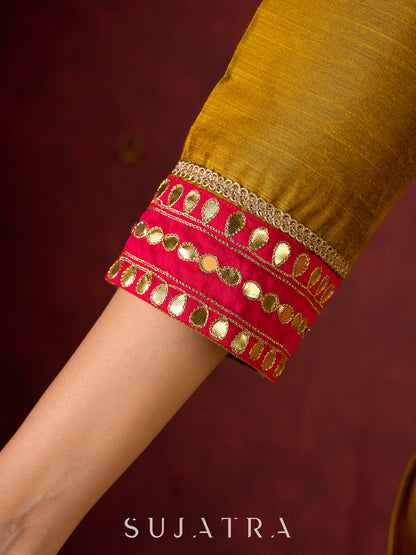 Vibrant Mustard Cotton-Silk Kurta with Pink Highlights & Subtle Gota Patti Work