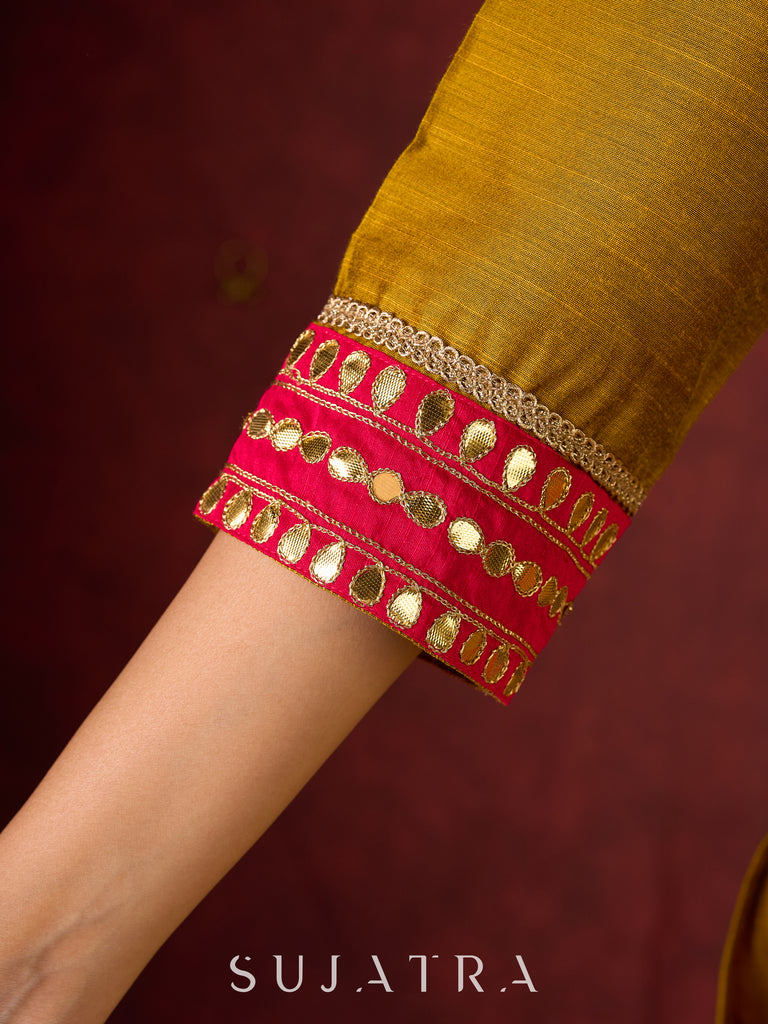Vibrant Mustard Cotton-Silk Kurta with Pink Highlights & Subtle Gota Patti Work