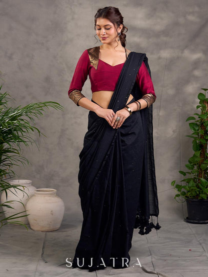 Iconic Black Cotton Saree with Sequins Embellishment