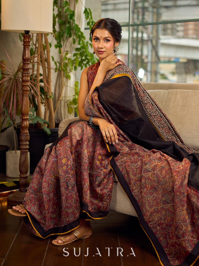 Regal Rust-Brown Chanderi Kalamkari Floral Chanderi Saree with Contrast Black Pallu