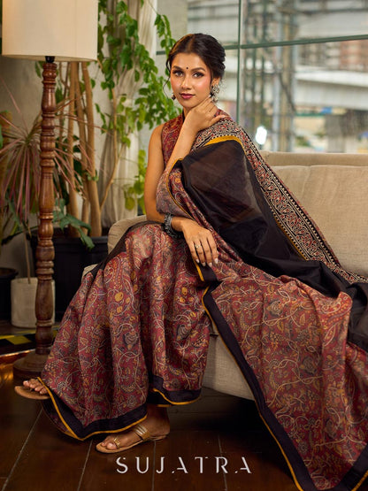 Regal Rust-Brown Chanderi Kalamkari Floral Chanderi Saree with Contrast Black Pallu