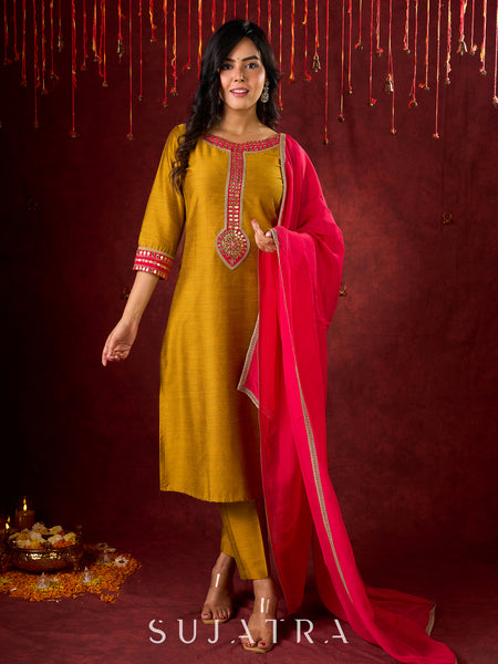 Vibrant Mustard Cotton-Silk Kurta with Pink Highlights & Subtle Gota Patti Work