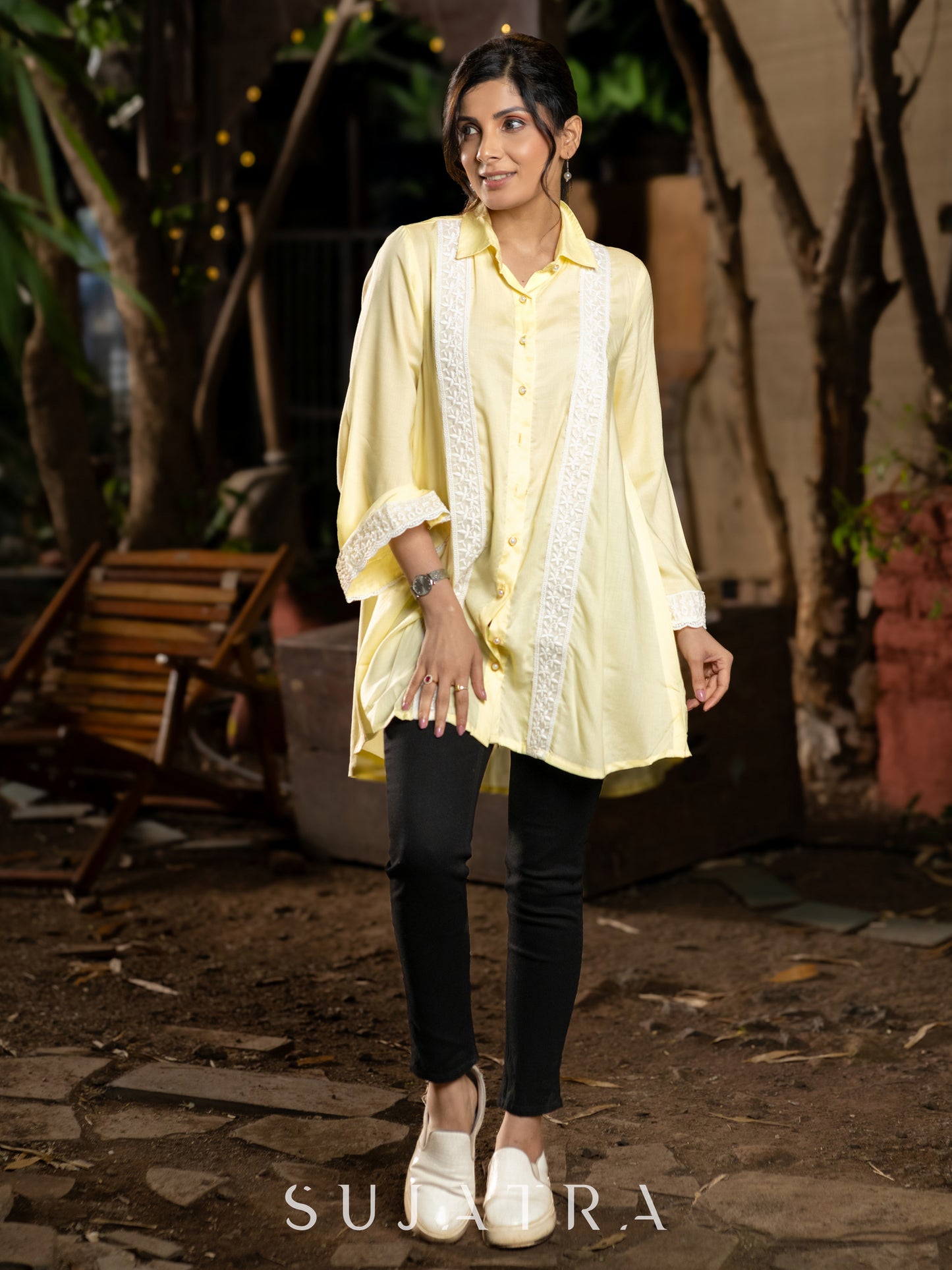 Breezy Lemon Yellow Modal Longline Shirt with Graceful Scallop Lace Trims
