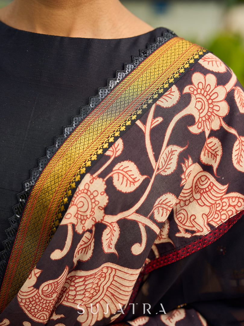 Vibrant Black Georgette Saree with Golden Zari Border & Kalamkari Floral Print Pallu & Border