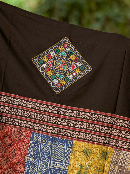 Contemporary Black Cotton Dupatta with Ajrakh Patchwork Pallu & Kutch Hand Embroidered Mirror Work