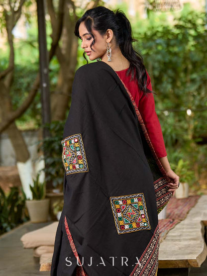 Contemporary Black Cotton Dupatta with Ajrakh Patchwork Pallu & Kutch Hand Embroidered Mirror Work