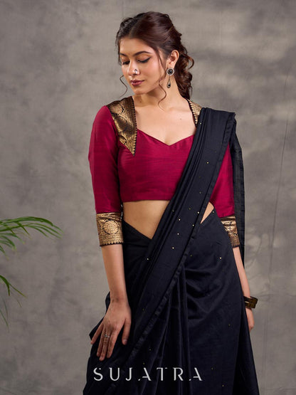Magenta Cotton Silk Blouse with 3/4th Sleeves and Gold Zari Brocade Shoulder and Cuff