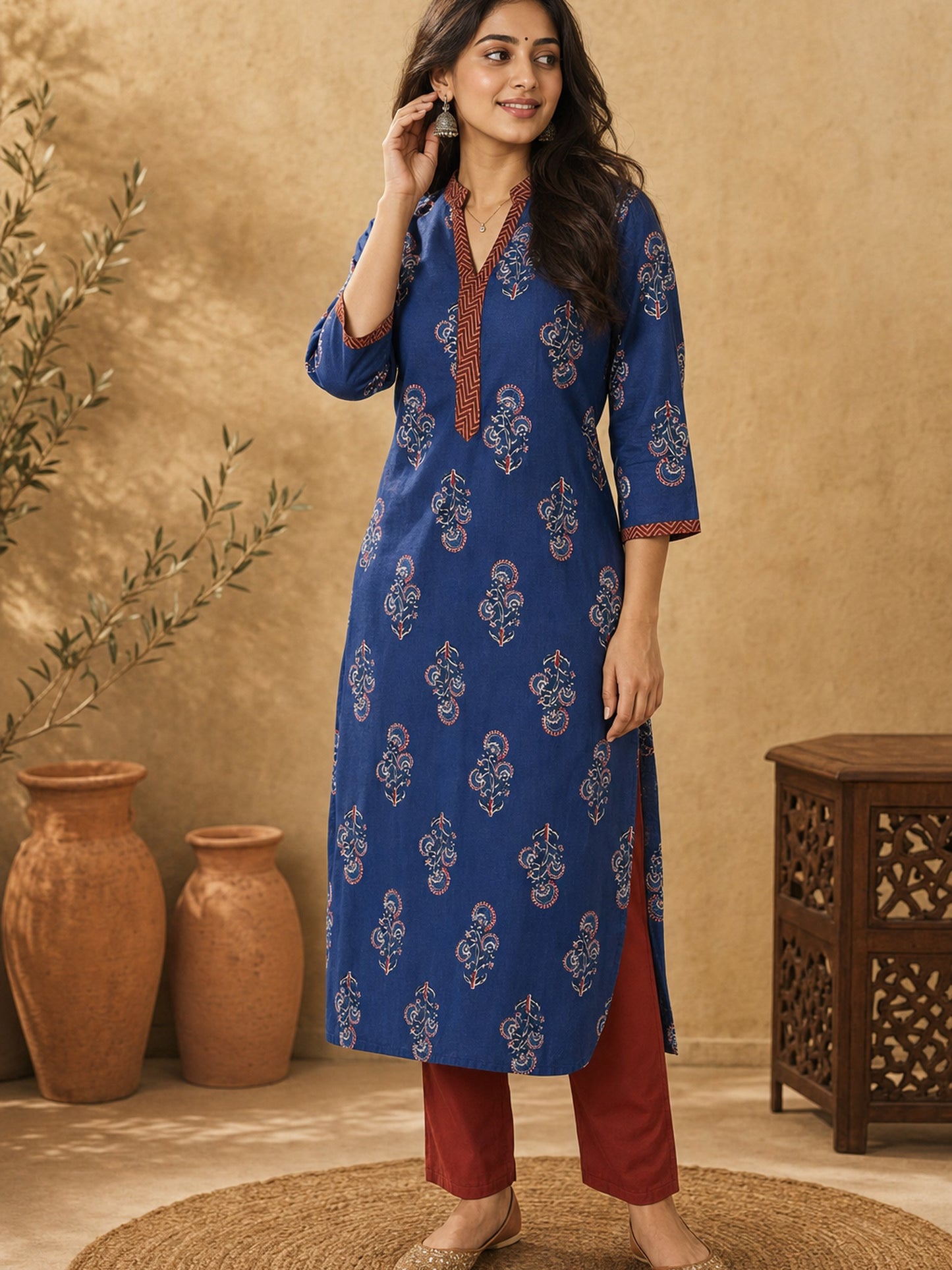 Navy Blue Ajrakh Printed Cotton Kurta with Floral Motifs and Contrast Collar