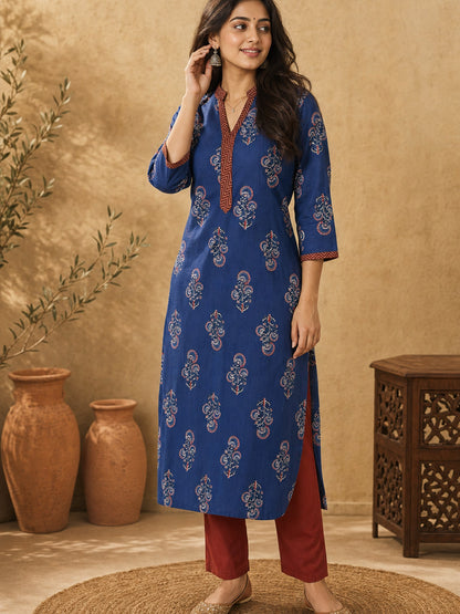 Navy Blue Ajrakh Printed Cotton Kurta with Floral Motifs and Contrast Collar