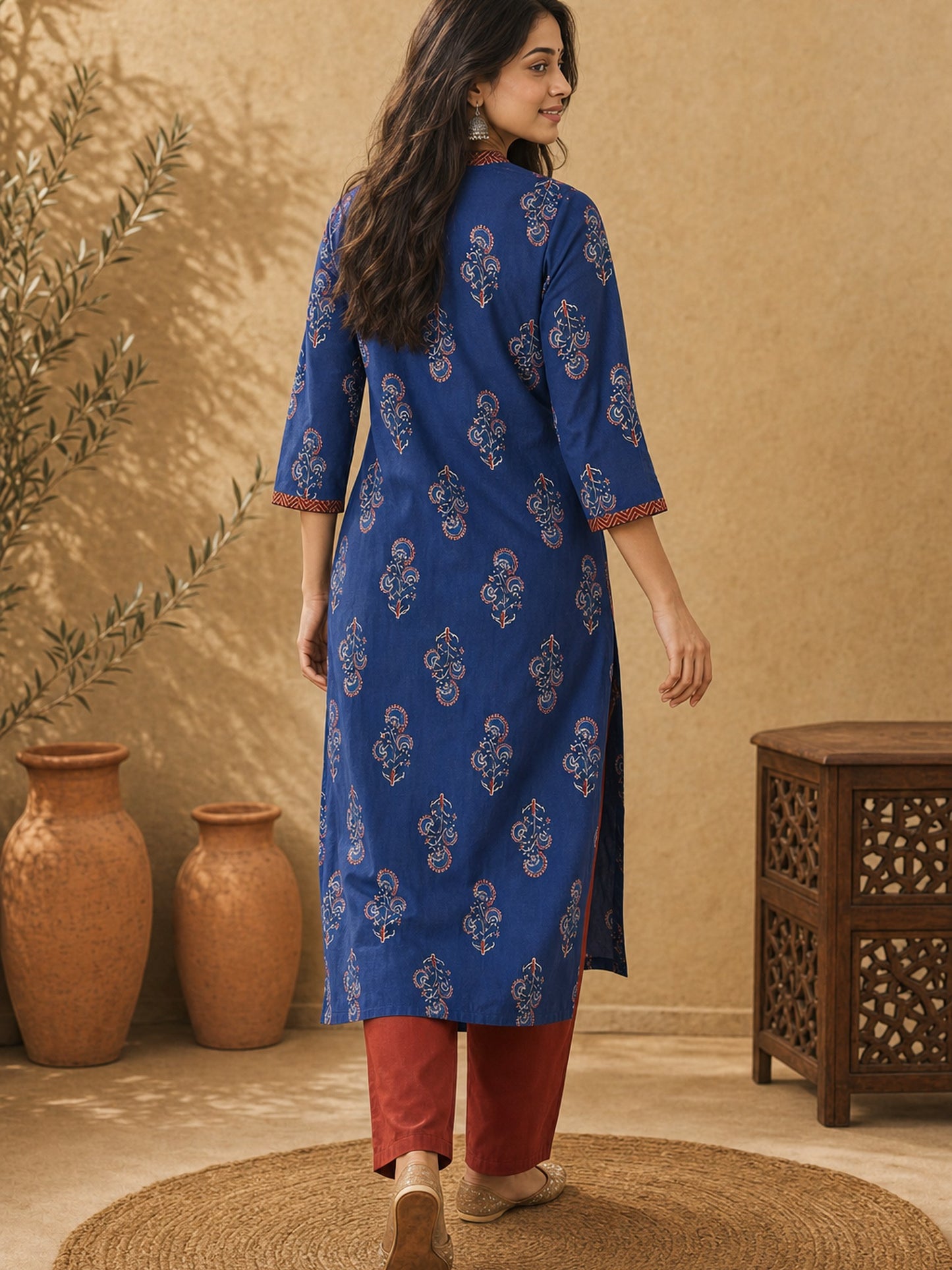Navy Blue Ajrakh Printed Cotton Kurta with Floral Motifs and Contrast Collar