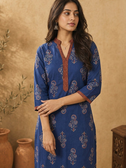 Navy Blue Ajrakh Printed Cotton Kurta with Floral Motifs and Contrast Collar
