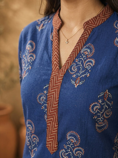 Navy Blue Ajrakh Printed Cotton Kurta with Floral Motifs and Contrast Collar