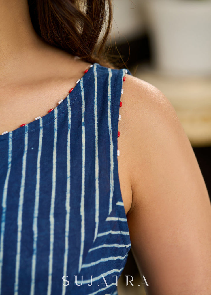 Timeless Indigo Blue Panel Dress with Graceful Beaded Accents