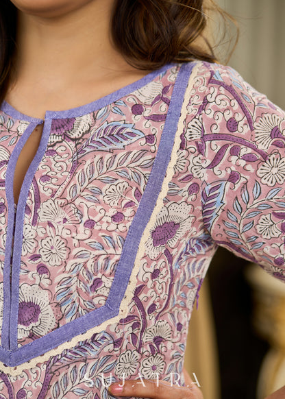 Lively Lavender Floral Printed Cotton Dress with Deep Purple Gathered Flare