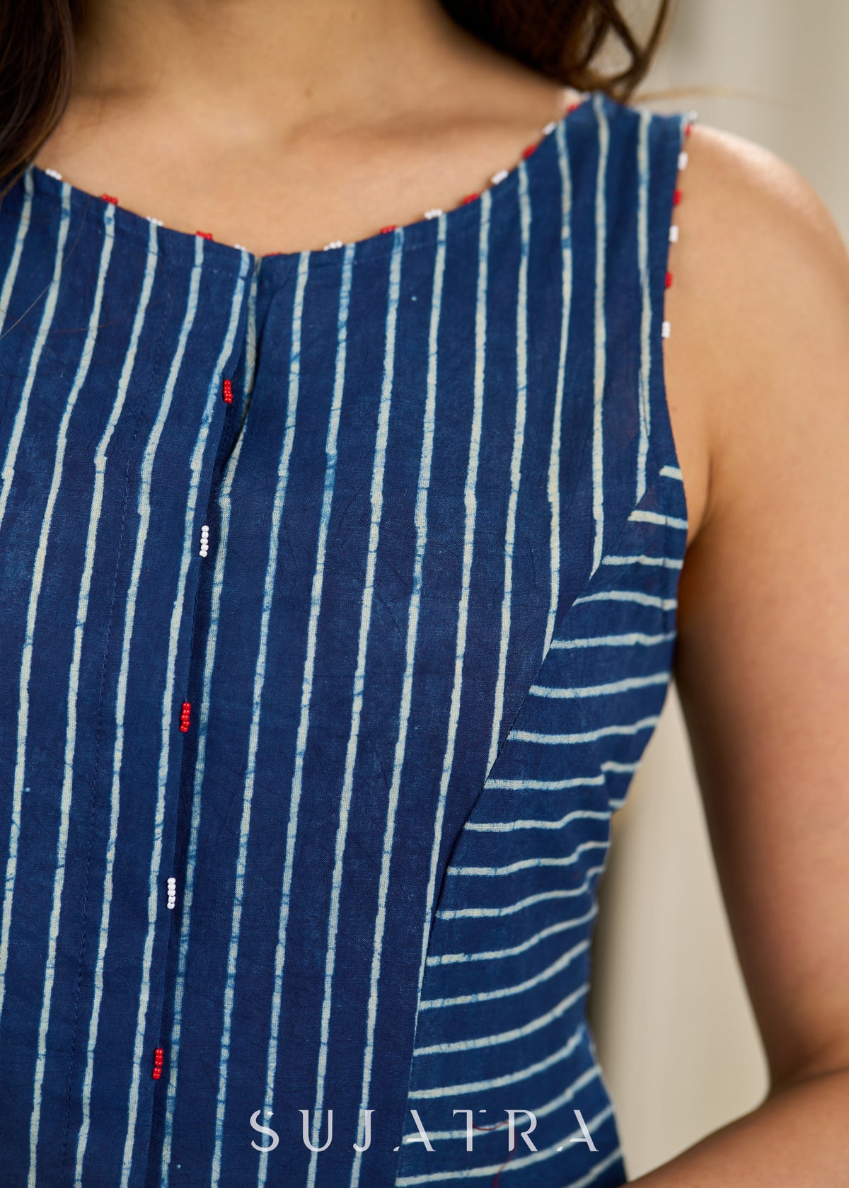Dussehra Sale — Timeless Indigo Blue Panel Dress with Graceful Beaded Accents