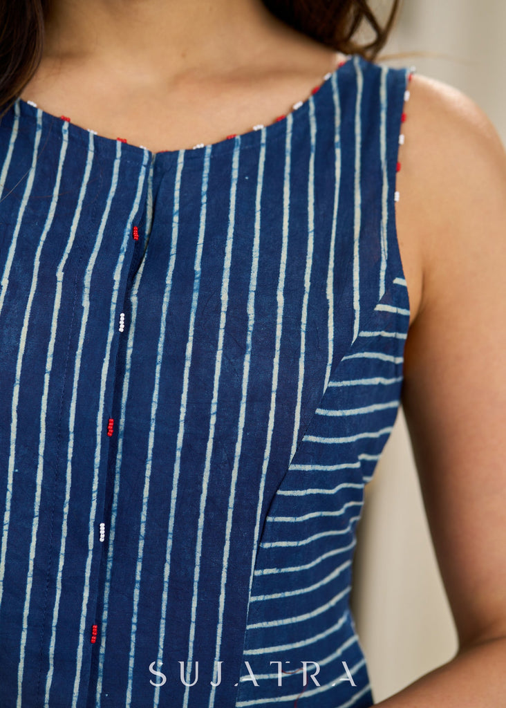 Timeless Indigo Blue Panel Dress with Graceful Beaded Accents