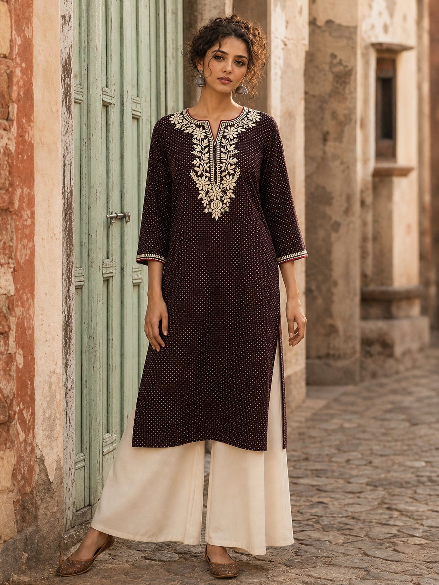 Timeless Black Ajrakh Polka Dot Cotton Kurta with Embroidered Floral Neckline