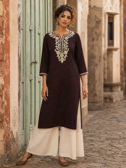 Timeless Black Ajrakh Polka Dot Cotton Kurta with Embroidered Floral Neckline