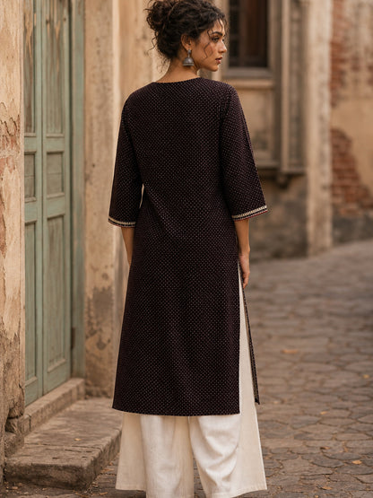 Timeless Black Ajrakh Polka Dot Cotton Kurta with Embroidered Floral Neckline