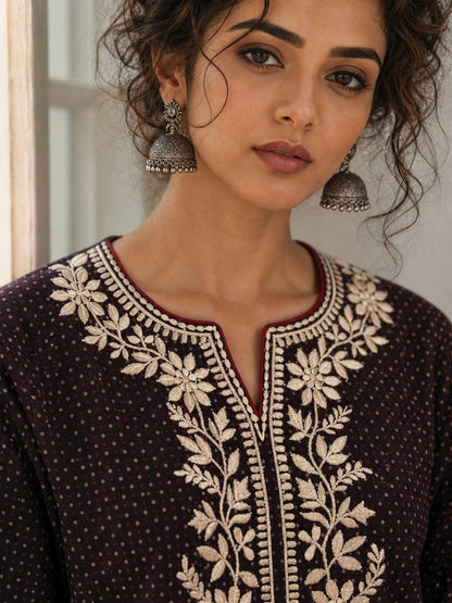 Timeless Black Ajrakh Polka Dot Cotton Kurta with Embroidered Floral Neckline