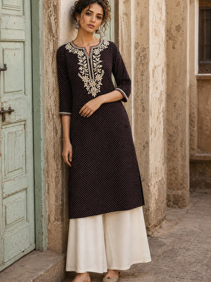 Timeless Black Ajrakh Polka Dot Cotton Kurta with Embroidered Floral Neckline