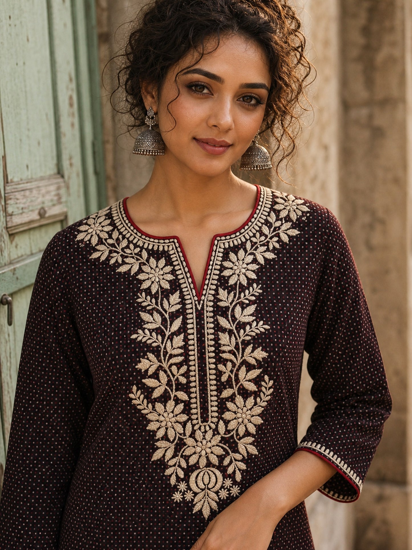 Timeless Black Ajrakh Polka Dot Cotton Kurta with Embroidered Floral Neckline