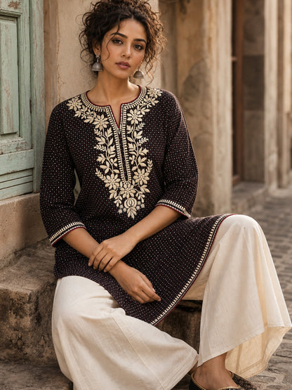 Timeless Black Ajrakh Polka Dot Cotton Kurta with Embroidered Floral Neckline
