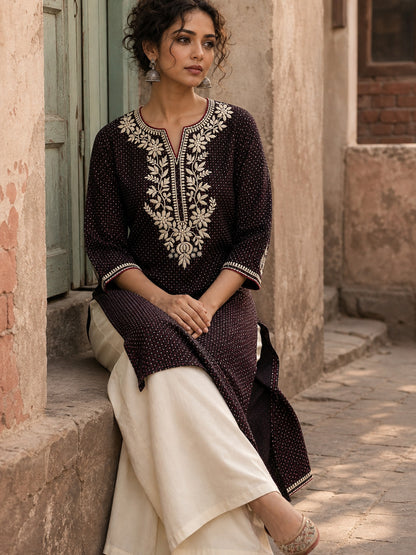 Timeless Black Ajrakh Polka Dot Cotton Kurta with Embroidered Floral Neckline