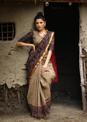 Beige Ajrakh block printed cotton saree