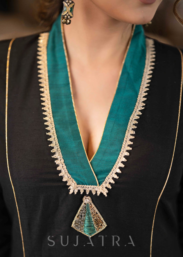 Beautiful Black Cotton Silk pant & A Line Kurta With Turquoise Detailing & Brooch  - Dupatta Optional