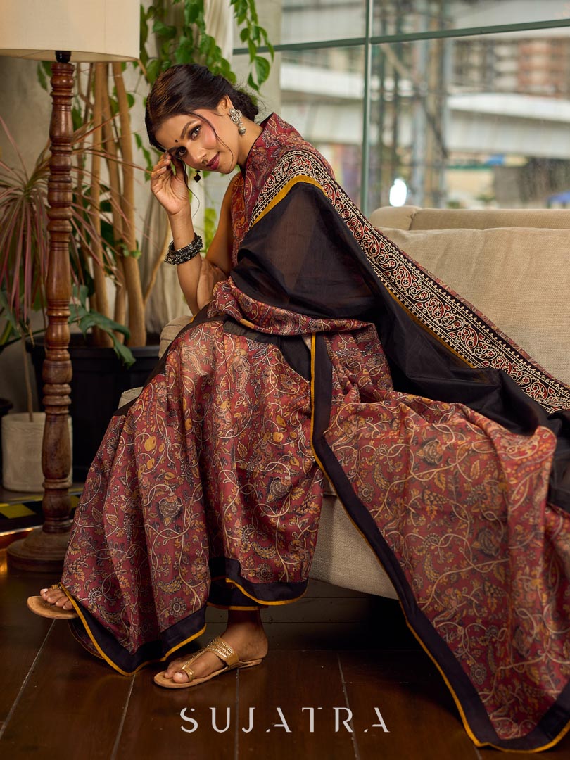 Regal Rust-Brown Chanderi Kalamkari Floral Chanderi Saree with Contrast Black Pallu