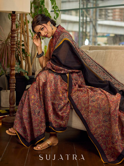 Regal Rust-Brown Chanderi Kalamkari Floral Chanderi Saree with Contrast Black Pallu