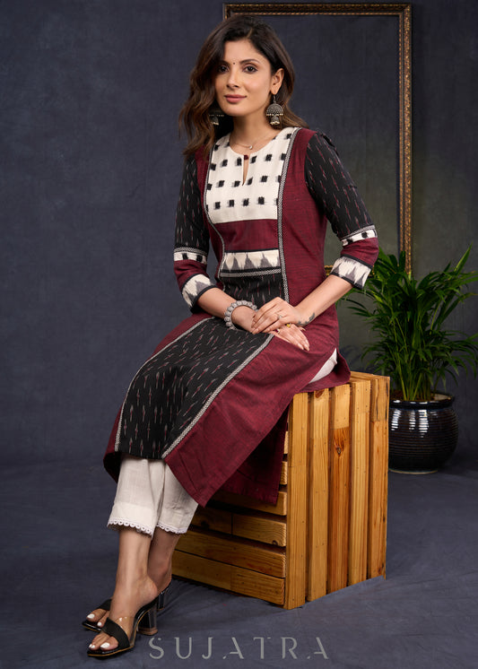 Trendy Black & Maroon Cotton Ikat Combination Kurta - PantOptional