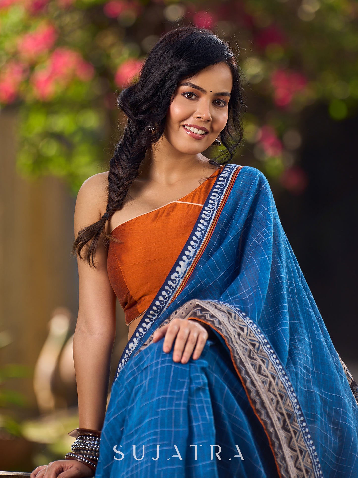 Classy Blue Saree with Kalamari Border & Contrasting Rust Accents